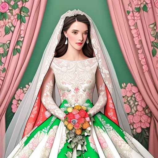  a wedding gown full of floral patterns with a unique sillouhett that is vibrant with colours that include red and green