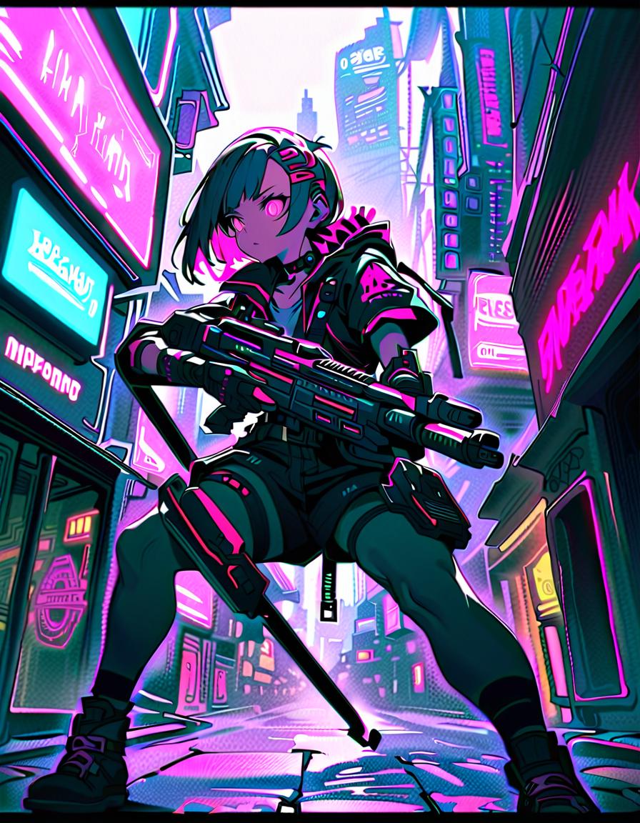  young punk, exploring neon city streets, wielding a weapon, determined and focused, break cyberpunk city exploration, neon lit urban street, graffiti covered walls, futuristic weapon, holographic billboards, flashy cyberpunk fashion, break vibrant, chaotic, and electrifying, colorful neon glow, dynamic motion lines, futuristic visual enhancements,