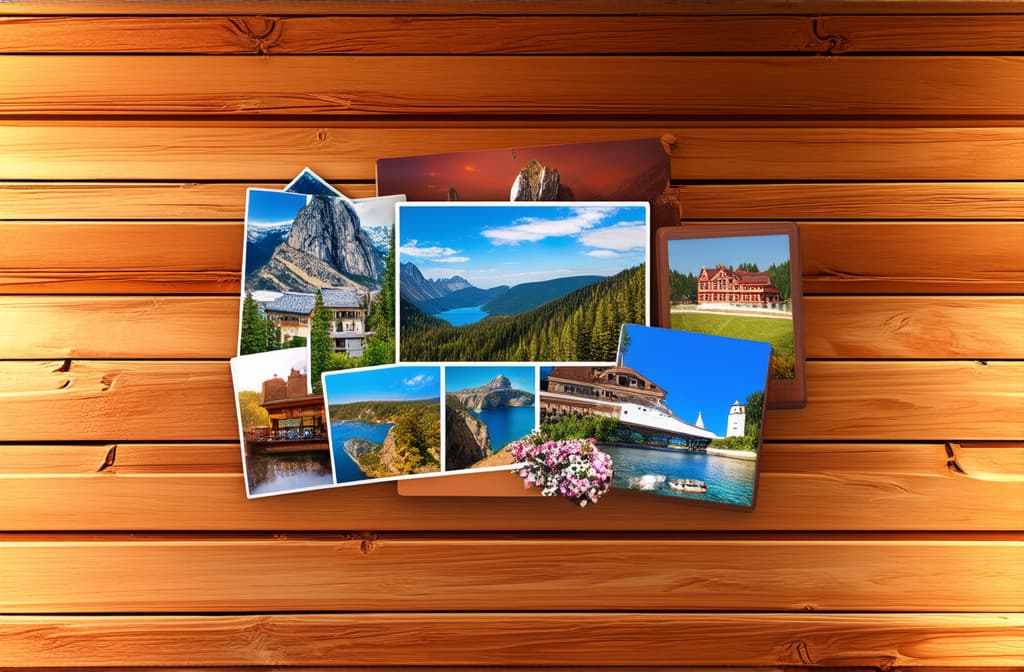  travel photo collage on wooden background ar 3:2 {prompt}, maximum details