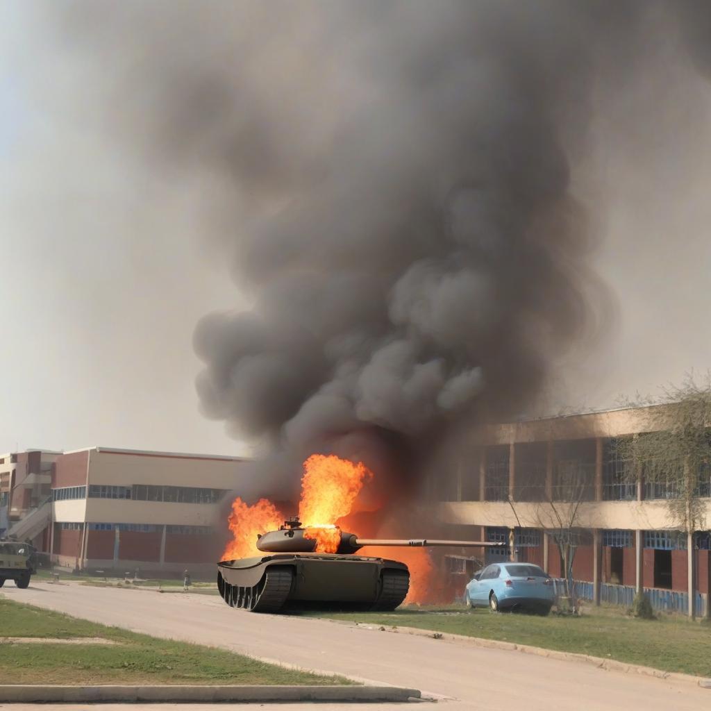  burning tanks near the school