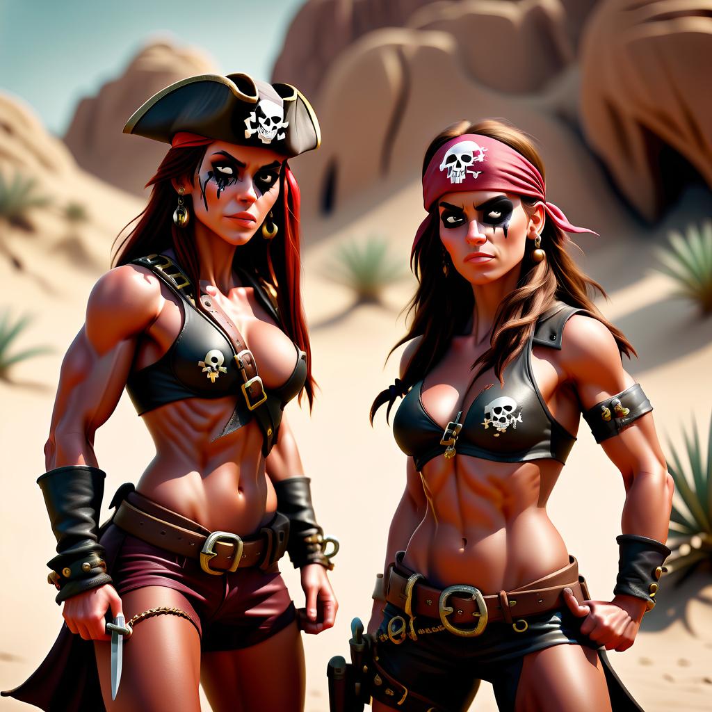  cinematic photo two muscular pirate girls on a desert island . 35mm photograph, film, bokeh, professional, 4k, highly detailed