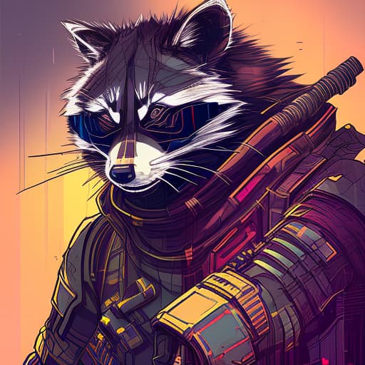 nvinkpunk ninja raccoon cyberpunk armour of god, (intricate details:1.12), hdr, (intricate details, hyperdetailed:1.15)