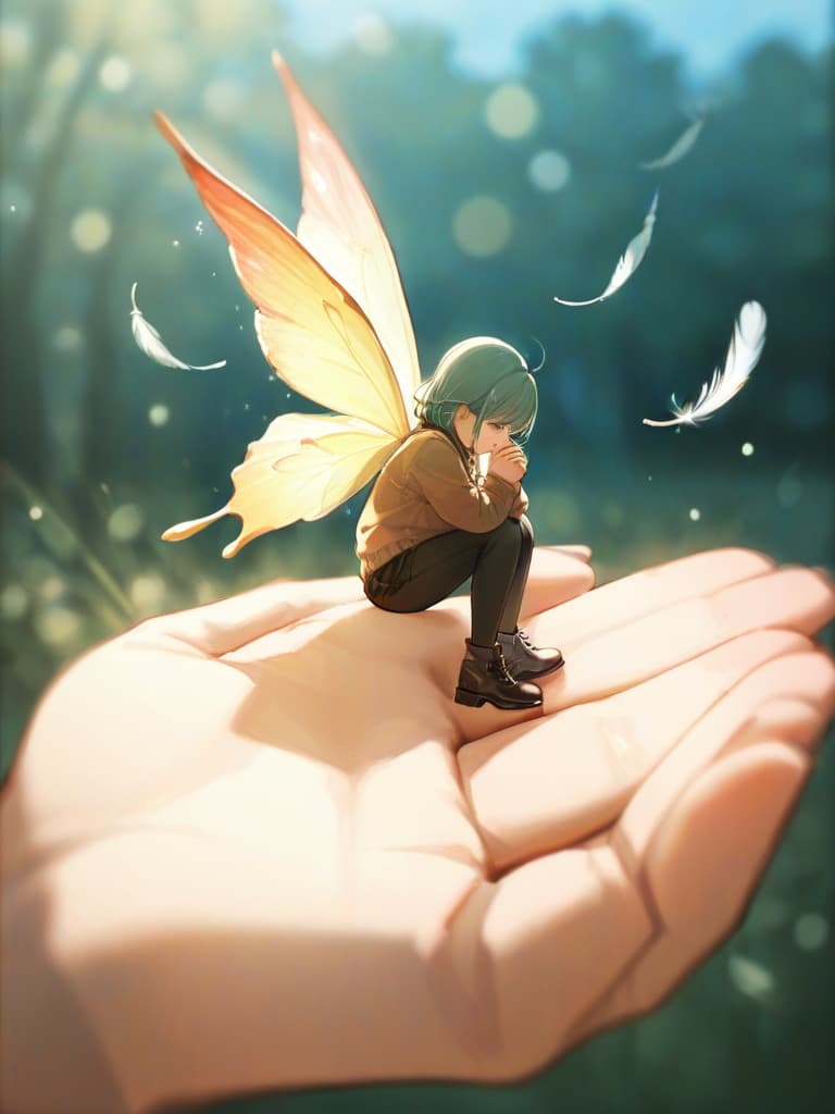  girl, fairy, small, feather, riding on palms, sparkling wings, sparkling, sitting on the hand, masterpiece, best quality,8k,ultra detailed,high resolution,an extremely delicate and beautiful,hyper detail