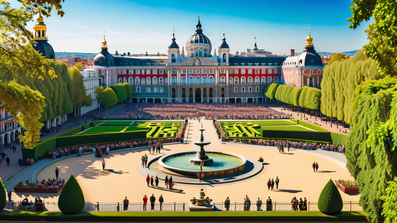  @ image prompt: "a panoramic view of the royal palace in madrid, showcasing its grand baroque architecture, surrounded by lush gardens, with the vibrant plaza mayor in the foreground filled with people enjoying outdoor cafés, under a clear blue sky." hyperrealistic, full body, detailed clothing, highly detailed, cinematic lighting, stunningly beautiful, intricate, sharp focus, f/1. 8, 85mm, (centered image composition), (professionally color graded), ((bright soft diffused light)), volumetric fog, trending on instagram, trending on tumblr, HDR 4K, 8K