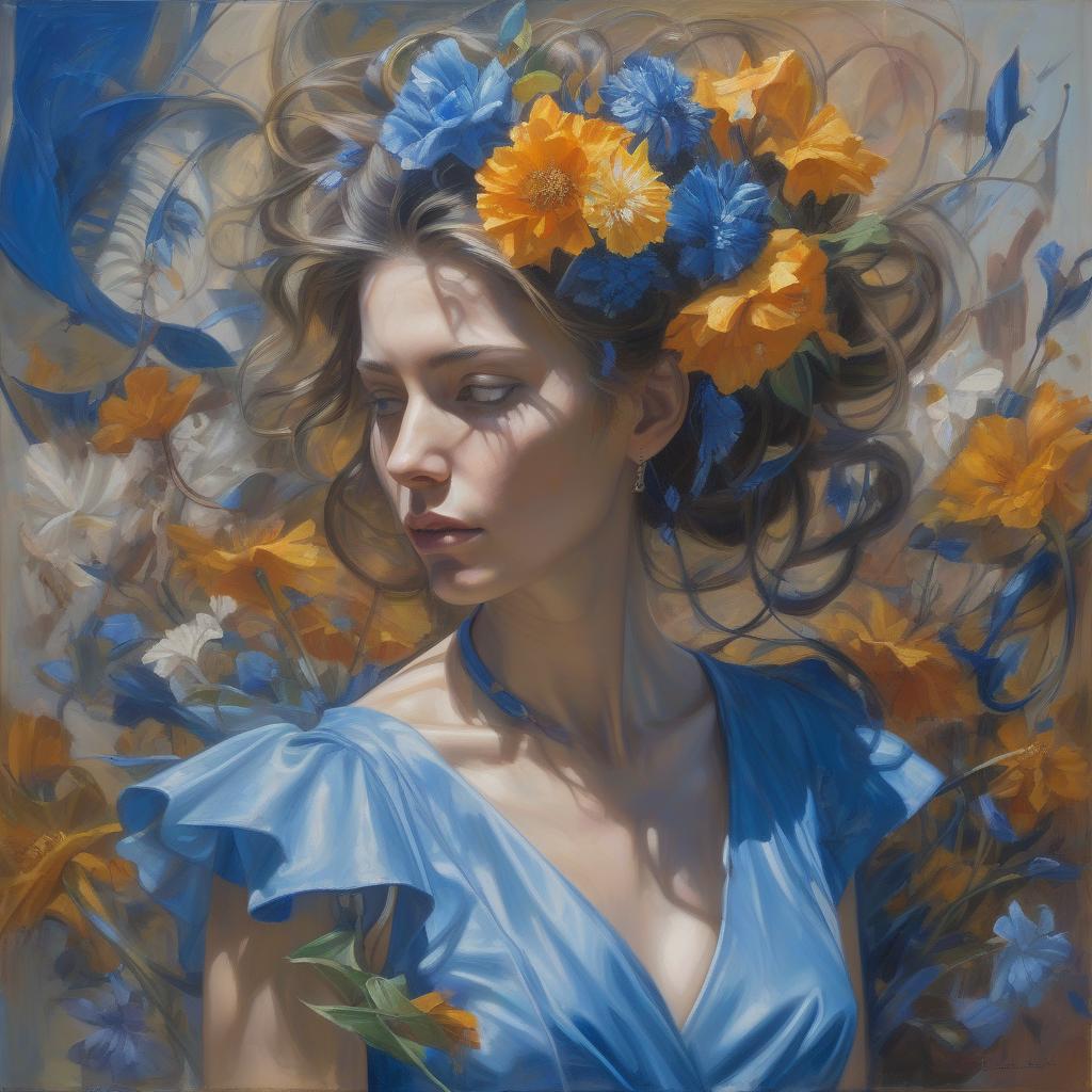  abstract expressionist painting <mymodel> a painting of a woman with flowers in her hair and a blue dress donato giancola, figurative art, extremely detailed oil painting, a hyperrealistic painting . energetic brushwork, bold colors, abstract forms, expressive, emotional