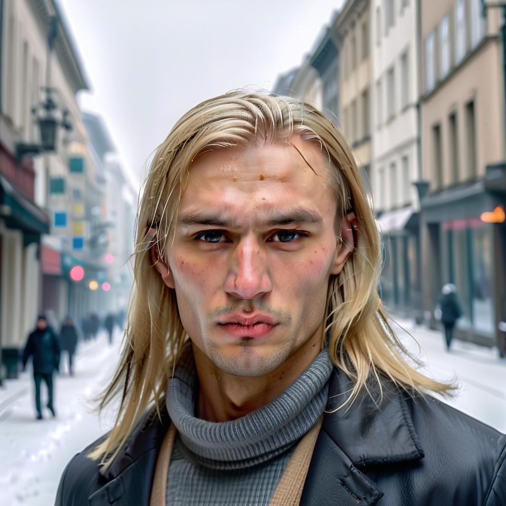  tall, brutal young man blonde with long hair, predatory, harsh, seductive and alluring look, strong willed chin, sunken cheeks and high cheekbones, smooth face, in winter clothes, in winter atmosphere, hyperrealism, good quality, clear lines, 8k, hdr, hdrs+,, perfect hands, film photography style, perfecteyes