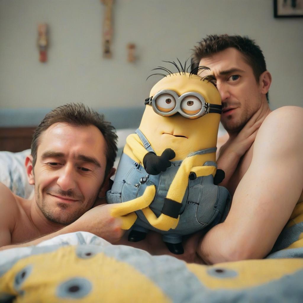  two men in bed, minions hugging, perfecteyes, film photography style, perfect hands