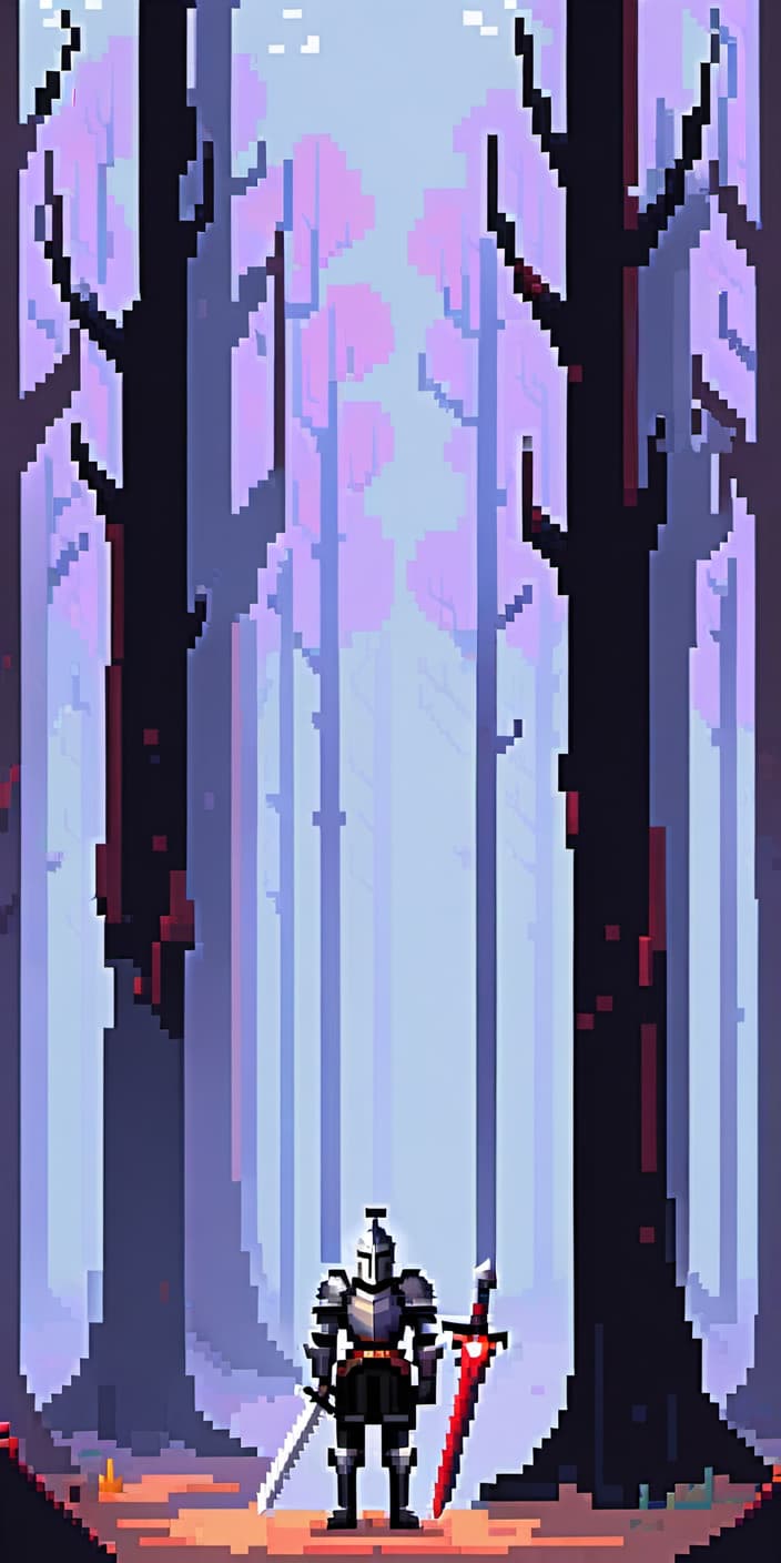  pixel art a knight in black armor lies exhausted in a misty forest with leafless trees . low res, blocky, pixel art style, 8 bit graphics