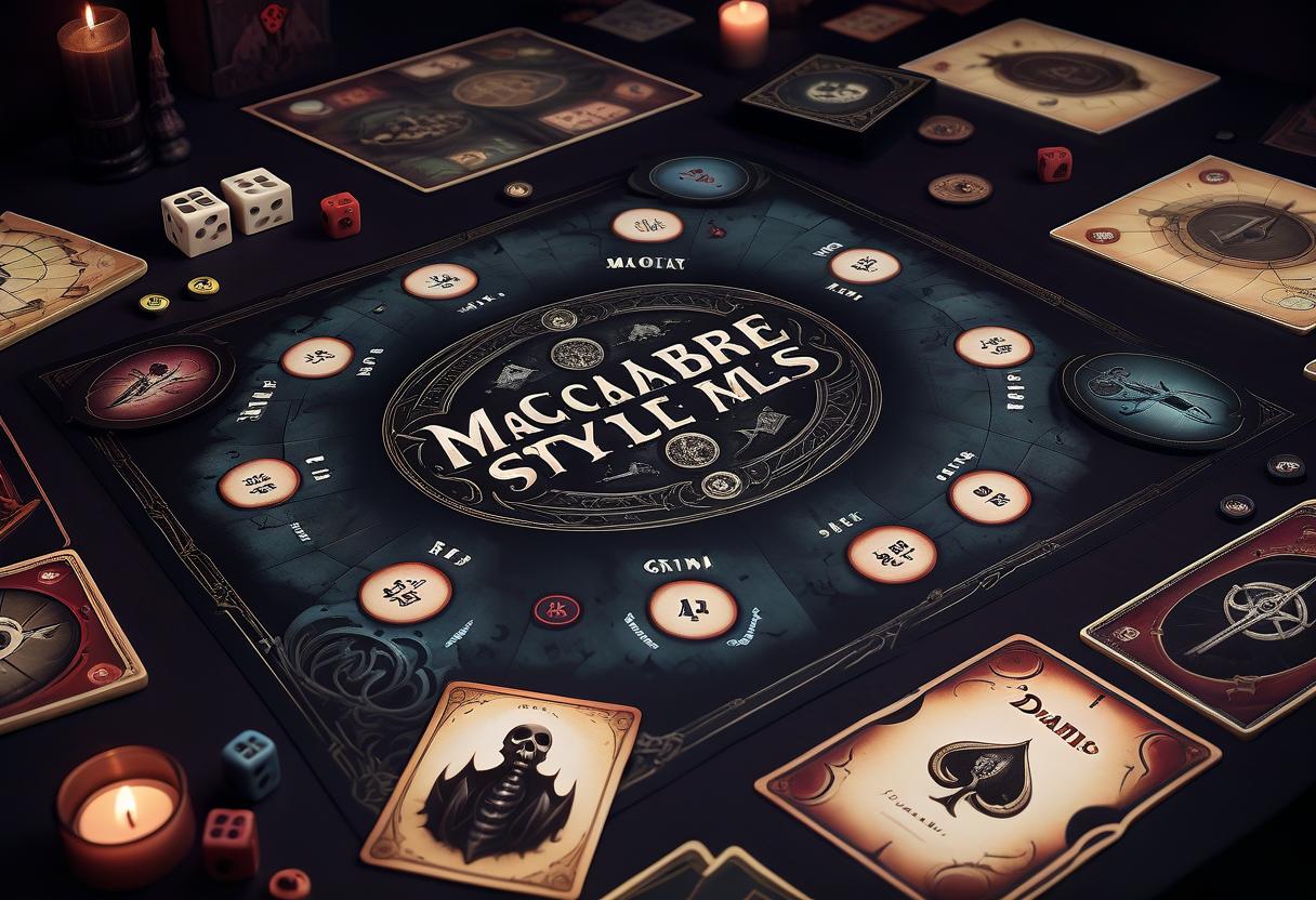  macabre style board games . dark, gothic, grim, haunting, highly detailed, logo