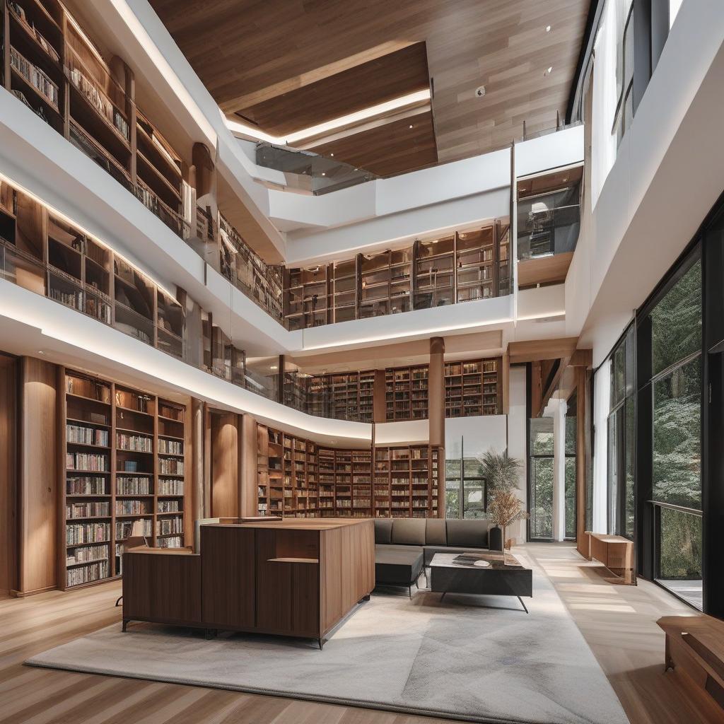  masterpiece, best quality,4 story Modern-wood unique style library,