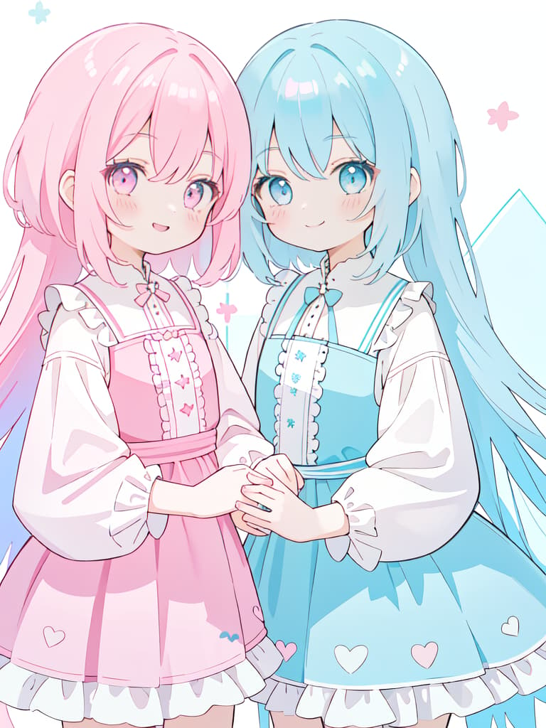  twin, two girls, lined up, light blue hair, pink hair, smile, long hair and short hair, masterpiece, best quality,8k,ultra detailed,high resolution,an extremely delicate and beautiful,hyper detail