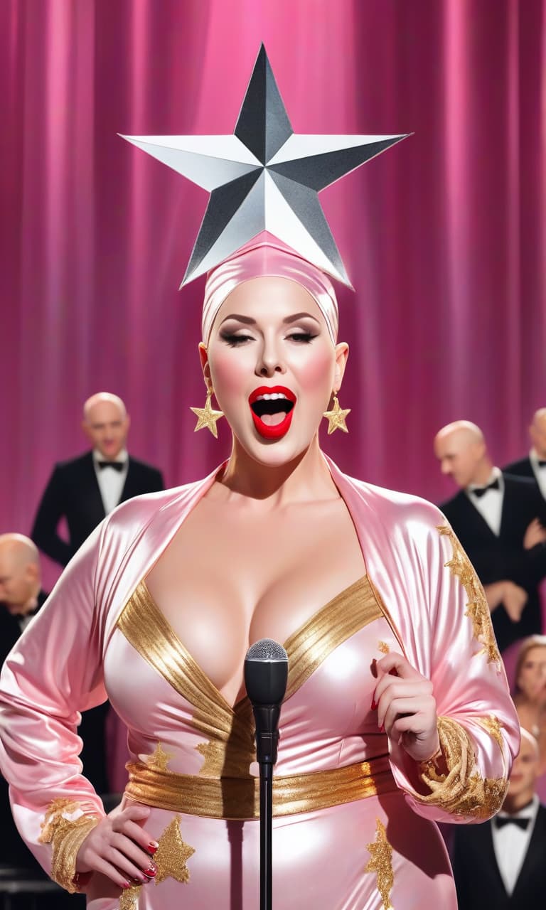  concept art pink, gold, black, white on stage performs a bald woman red lips in a silvery swimming cap there's a star on her head . digital artwork, illustrative, painterly, matte painting, highly detailed, perfect hands