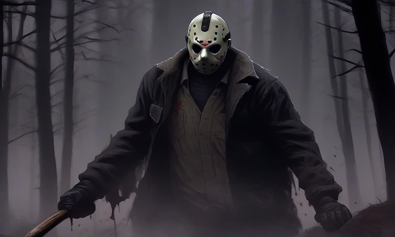  horror themed jason voorhees is digging a grave. he's wearing a black jacket and black pants. the background is a forest with thick fog . eerie, unsettling, dark, spooky, suspenseful, grim, highly detailed