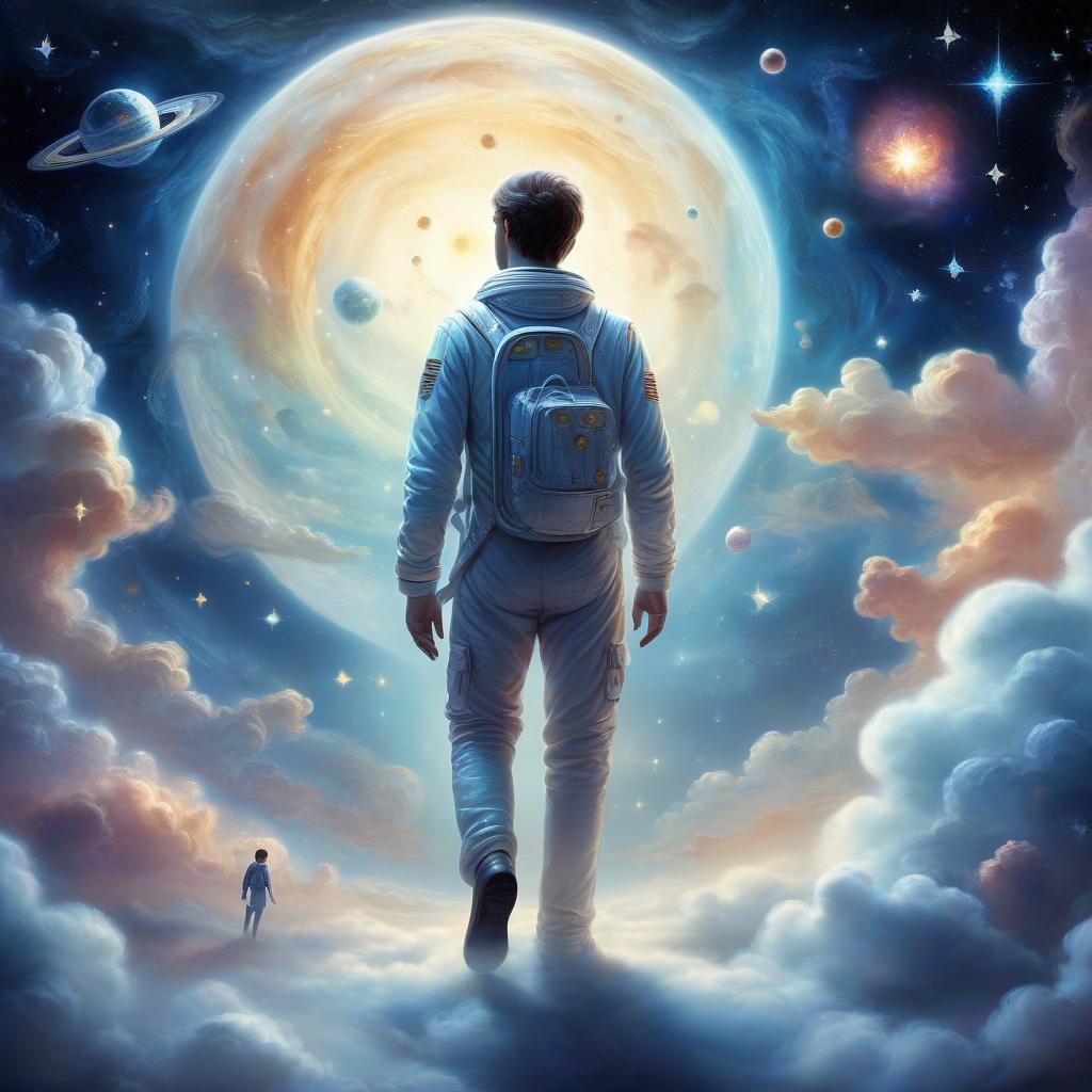  space themed a fantastic dream, a masterpiece of digital painting, a guy walks on soft fluffy clouds and scatters stars as if he is sowing them to the sides, the guy himself has a ghostly glow, a picture of a dream, bright fairy tale colors, a fairy tale in reality . cosmic, celestial, stars, galaxies, nebulas, planets, science fiction, highly detailed