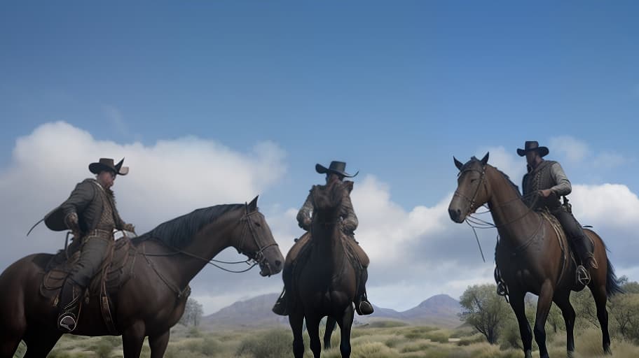  Wild West. Three men are standing on horses., (3d render:1.25), realistic, dark, epic, (detailed:1.22), textured hyperrealistic, full body, detailed clothing, highly detailed, cinematic lighting, stunningly beautiful, intricate, sharp focus, f/1. 8, 85mm, (centered image composition), (professionally color graded), ((bright soft diffused light)), volumetric fog, trending on instagram, trending on tumblr, HDR 4K, 8K