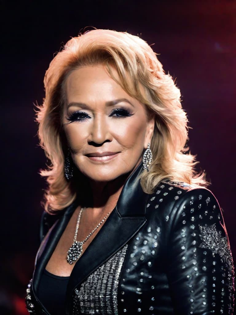  A younger country singer Tanya Tucker, medium shot, upper body, spotlight, long exposure lighting, street art style spray paint, glamour lighting