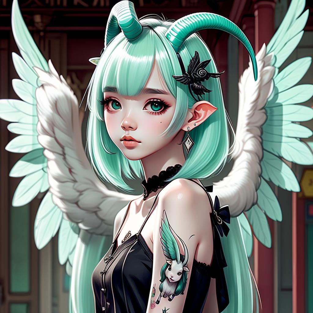  kawaii style korean girl, mint hair, smooth bangs, standing, wings , white horns goat on her head, perfect skin,pretty face, delicate facial features, , gothic attire . open shoulders gothic tattoos , ears earrings, show completely with full length legs,room ,8k, masterpiece, epic realism, real cartoon, hyperrealisme ,extreme detailed . cute, adorable, brightly colored, cheerful, anime influence, highly detailed