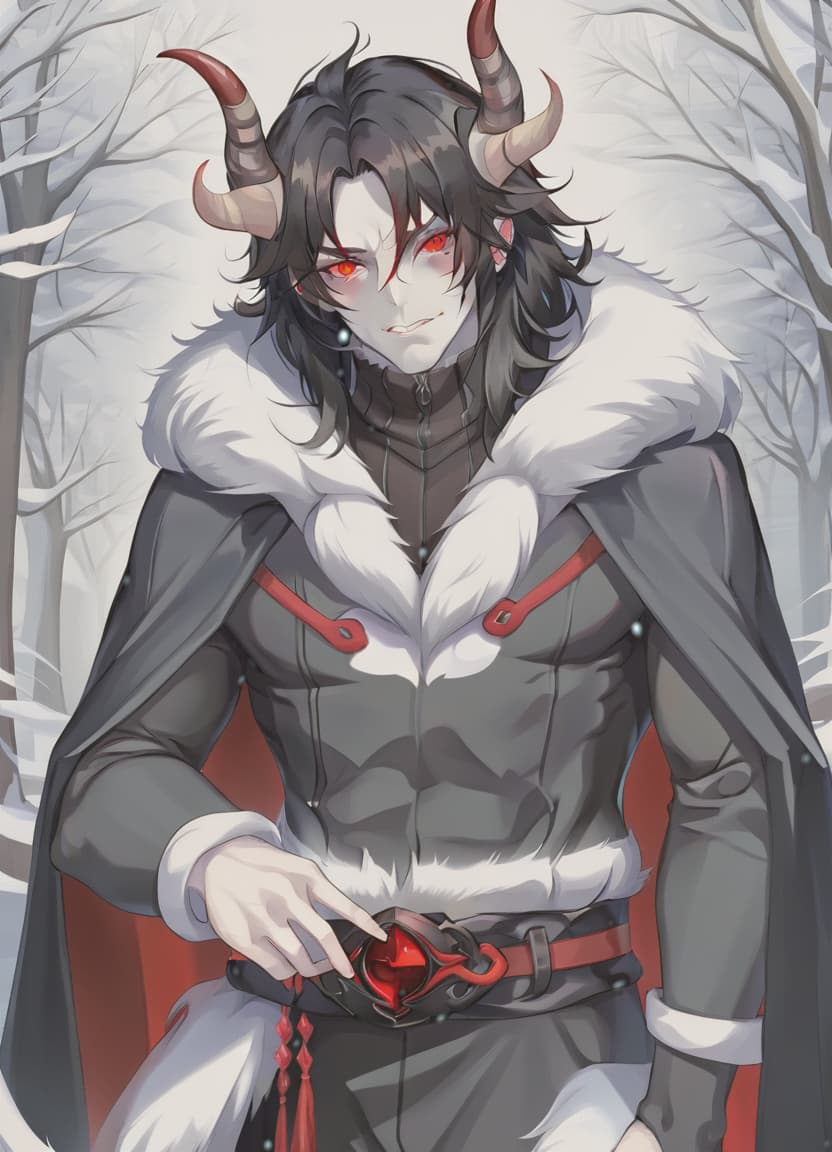  man demon, red horns, red eyes, black long hair, winter clothes