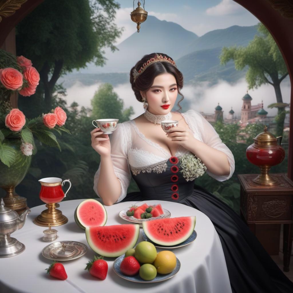  A fat beautiful woman drinks tea from a cup There is a samovar on the table Watermelon and fruits hyperrealistic, full body, detailed clothing, highly detailed, cinematic lighting, stunningly beautiful, intricate, sharp focus, f/1. 8, 85mm, (centered image composition), (professionally color graded), ((bright soft diffused light)), volumetric fog, trending on instagram, trending on tumblr, HDR 4K, 8K