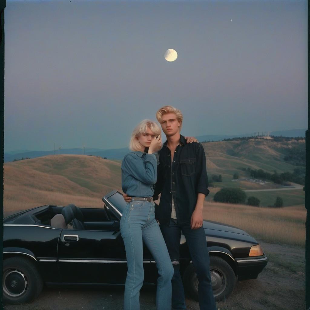  analog film photo a platinum blonde girl takes pictures on a polaroid in a black shirt and stands next to a blonde guy in a denim shirt, standing by a black car, a view from a hill, in the background the city, the time of dusk, a full light moon, the style of the 80 90s. . faded film, desaturated, 35mm photo, grainy, vignette, vintage, kodachrome, lomography, stained, highly detailed, found footage