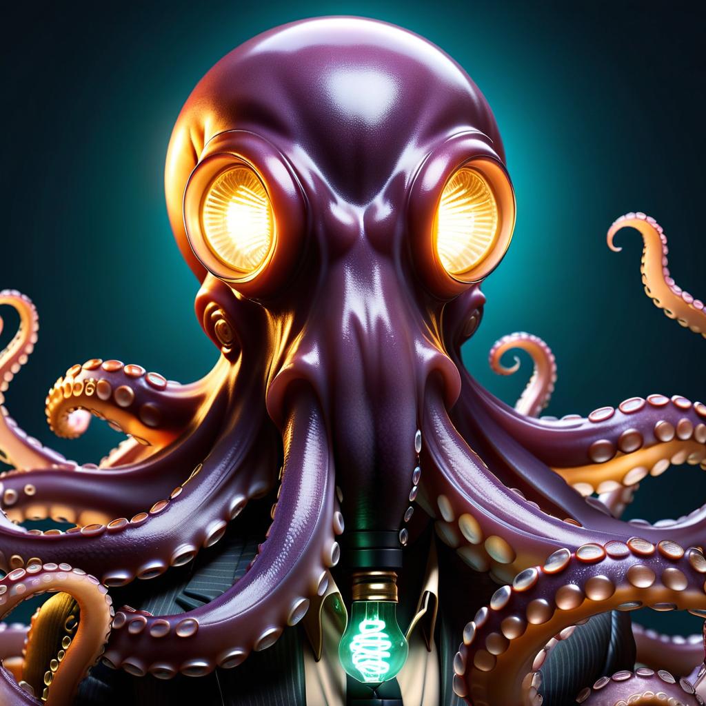  breathtaking logo wise octopus teacher who has a light bulb instead of a head . award winning, professional, highly detailed hyperrealistic, full body, detailed clothing, highly detailed, cinematic lighting, stunningly beautiful, intricate, sharp focus, f/1. 8, 85mm, (centered image composition), (professionally color graded), ((bright soft diffused light)), volumetric fog, trending on instagram, trending on tumblr, HDR 4K, 8K