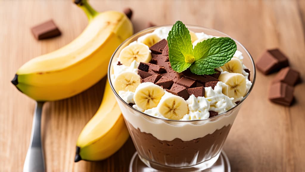  sour cream and cottage cheese dessert with bananas and chocolate dessert,hyperrealism,in glass glasses,mint leaf on top,professional photo,high resolution,appetizing,hyperdetailed,focus on dish,food style,from restaurant,high detail,restaurant serving ar 16:9 {prompt}, maximum details