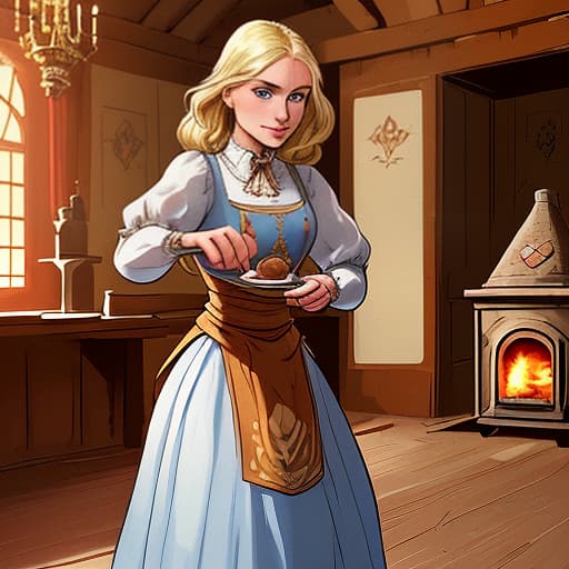  masterpiece, the best quality, a russian woman in traditional clothes prepares cakes in a stone oven, (fast and dexterous movements: 1.2), a very light smile, tense, piercing eyes, blue eyes, (decisive expression: 0.9), flowing blond hair, brown eyes, dressed in traditional russian dress, cooks in the open air, inside a wooden castle, against the background of an ancient russian throne room in a wooden castle, cartoon style, cute, modernism,