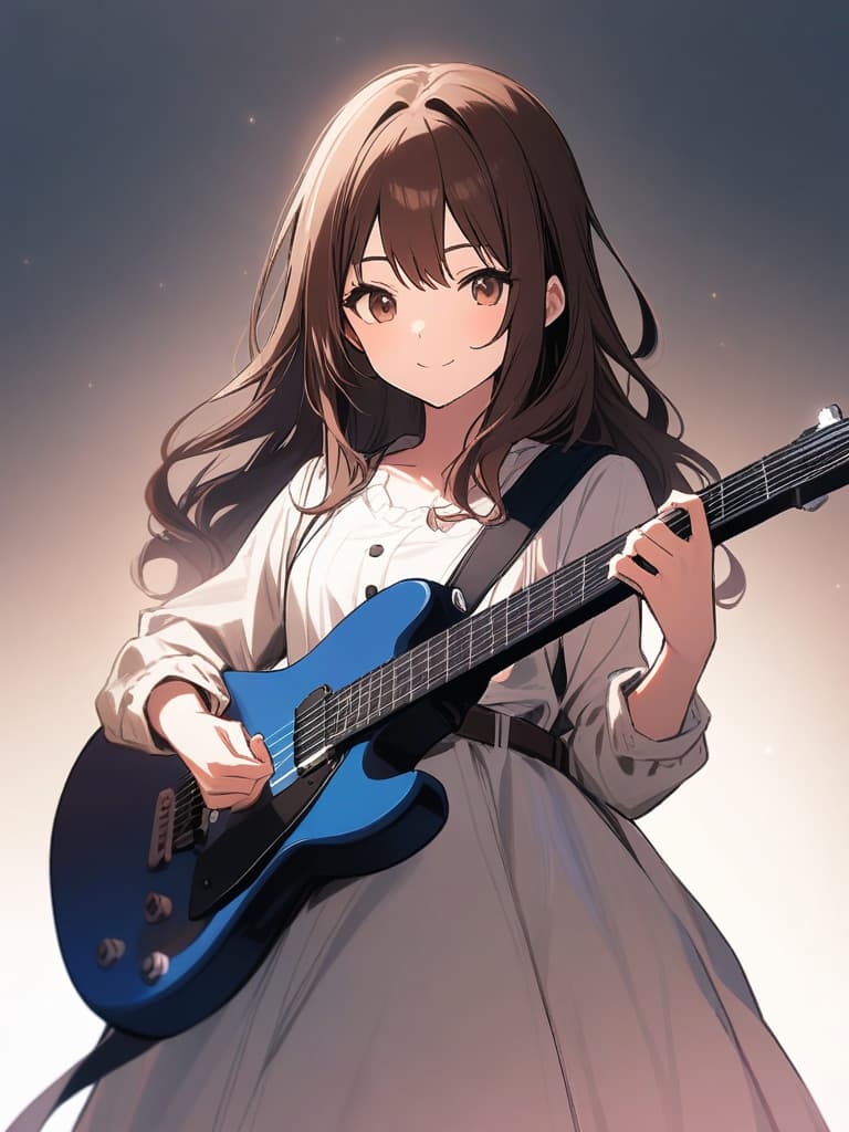  (beautiful girl:1.5)(brown hair:1.5)(long hair:1.7)(wavy hair:1.5)(holding electric guitar:1.7){orange dress:1.5}(smiling){playing guitar happily:1.7} {upper body:1.5}master piece,high quality,16k,super analysis,correct finger position,correctnumber of fingers