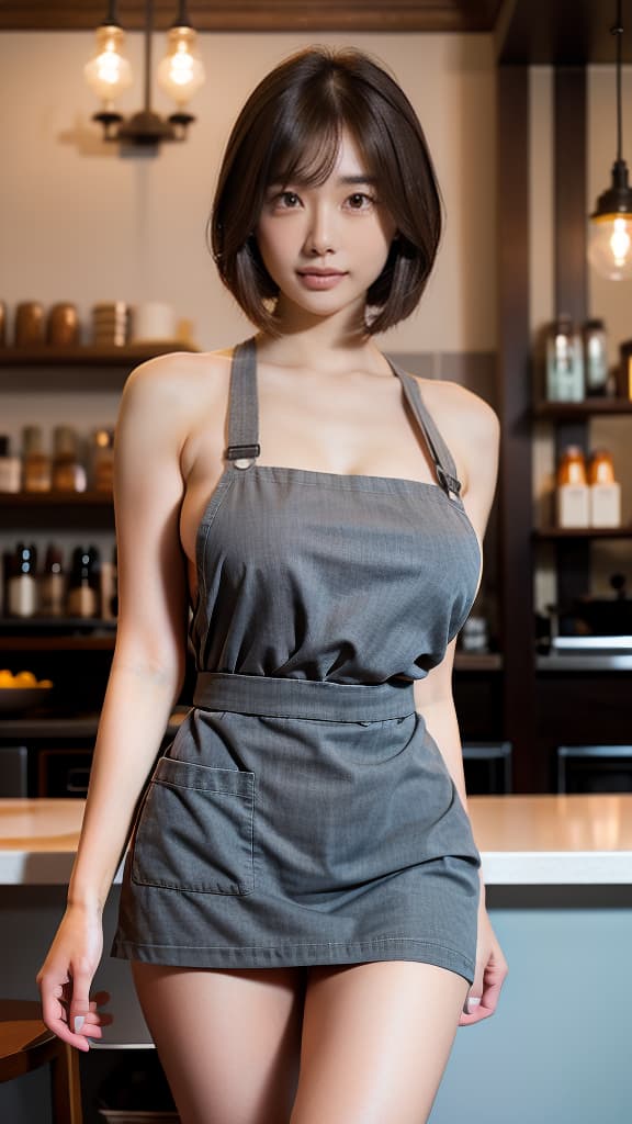  masterpiece, high quality, 4K, HDR BREAK A young woman with symmetrical brown eyes, beautiful fingers, and a medium bob haircut with bangs. She has small, beautiful nipples and perfect breasts with an overwhelming hourglass figure. She is wearing a nude apron while working as a waitress in a cafe. BREAK Symmetrical brown eyes, beautiful fingers BREAK Medium bob haircut, bangs BREAK Small, beautiful nipples, perfect breasts, overwhelming hourglass figure BREAK Nude apron, waitress in a cafe hyperrealistic, full body, detailed clothing, highly detailed, cinematic lighting, stunningly beautiful, intricate, sharp focus, f/1. 8, 85mm, (centered image composition), (professionally color graded), ((bright soft diffused light)), volumetric fog, trending on instagram, trending on tumblr, HDR 4K, 8K