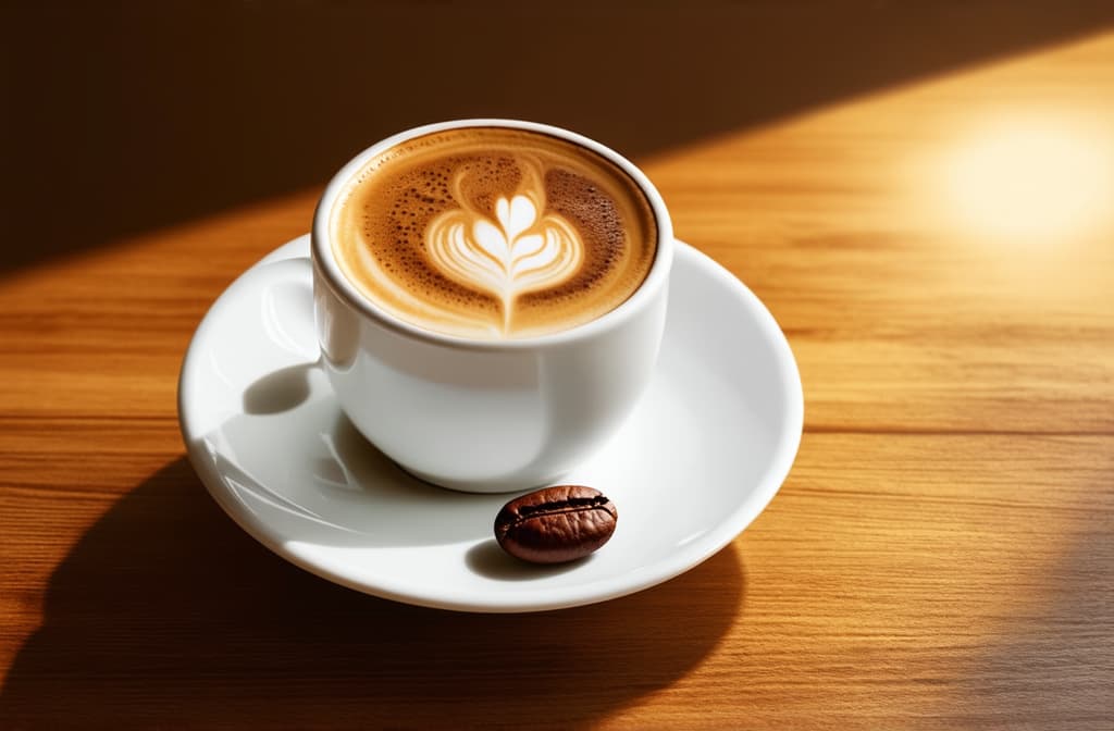  cinematic film style, top view of a white latte cup and a coffee bean in a coffeeshop. mixed digital illustrations and matte paintings combined ar 3:2, shallow depth of field, vignette, maximum details, high budget hollywood movie, bokeh, cinemascope, moody, epic, gorgeous, sun rays and shadows on furniture and surfaces, flattering light, raw photo, photography, photorealistic, 8k resolution, f1.4, sharpened focus, sharp focus