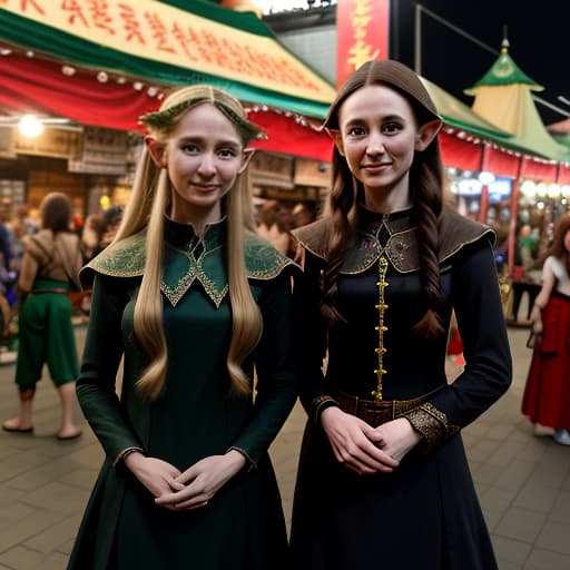  spouses of an elf and an elf in rich black clothes stand on stage in the night market, behind them an exhibition