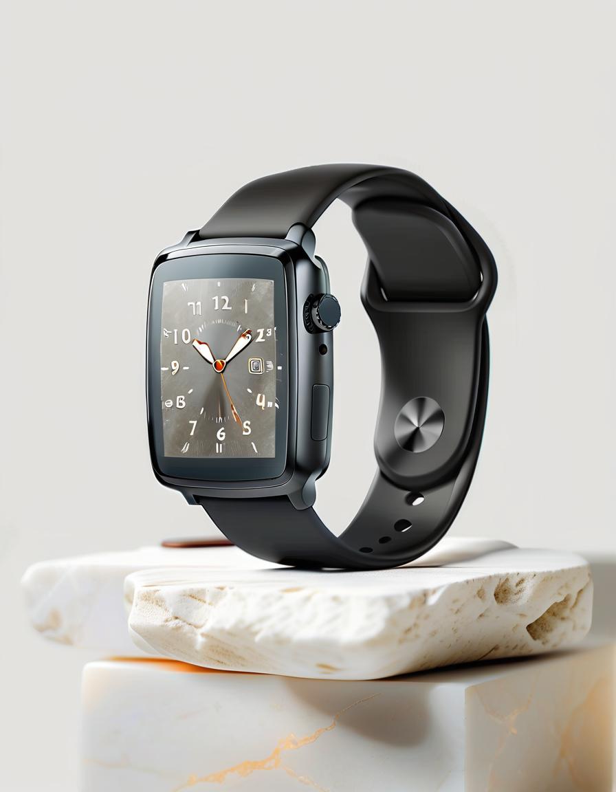  smart watch on a beautiful white stone light background, watch demonstration on stone, film photography style