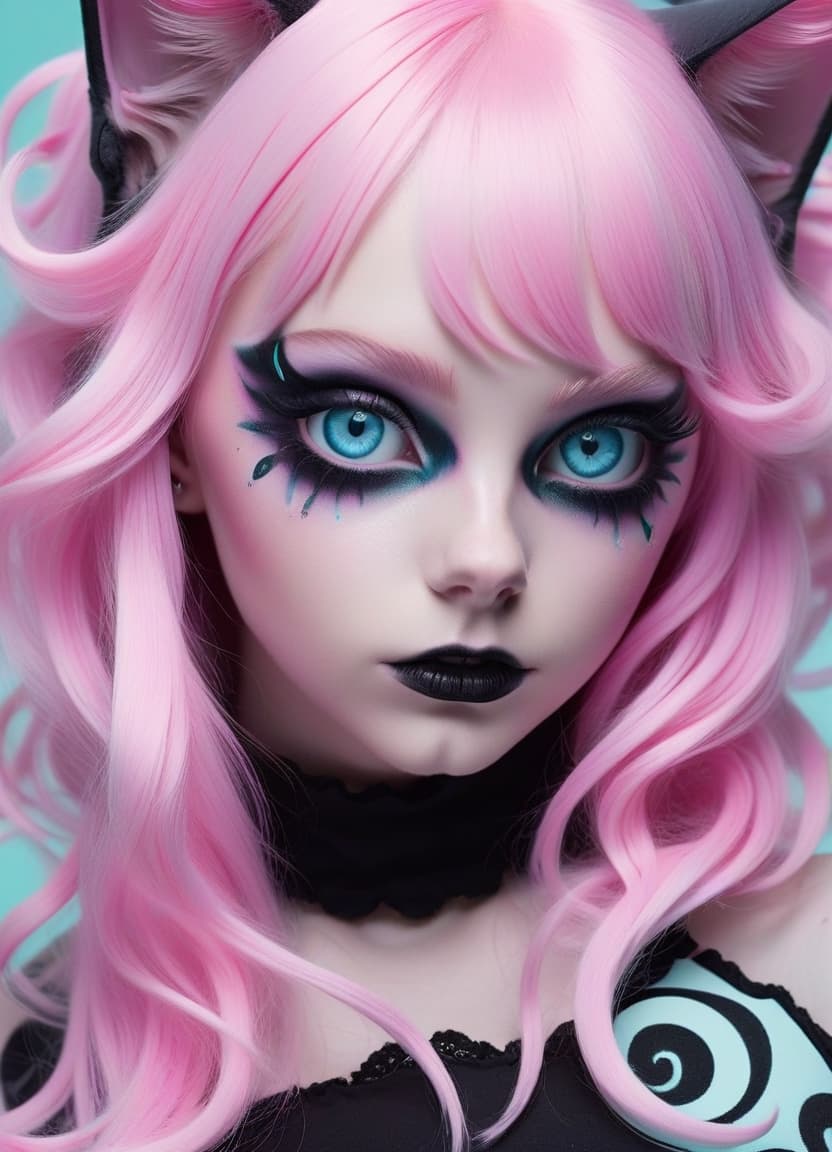  hyperrealistic art bright colors, swirling patterns, abstract shapes, surreal, unusual, dark fantasy, cat girl neko chan, she has cyan colored eyes, pale pink hair, painted with monochrome ink, gothic style.abstractionism, . extremely high resolution details, photographic, realism pushed to extreme, fine texture, incredibly lifelike, civitai