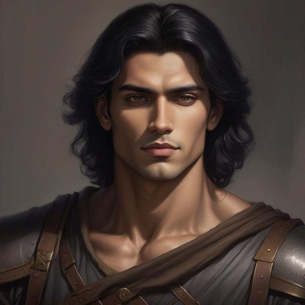  draw a guy with black hair long under a frame 19 years brown eyes light skin muscular with a slightly kind look in the medieval style