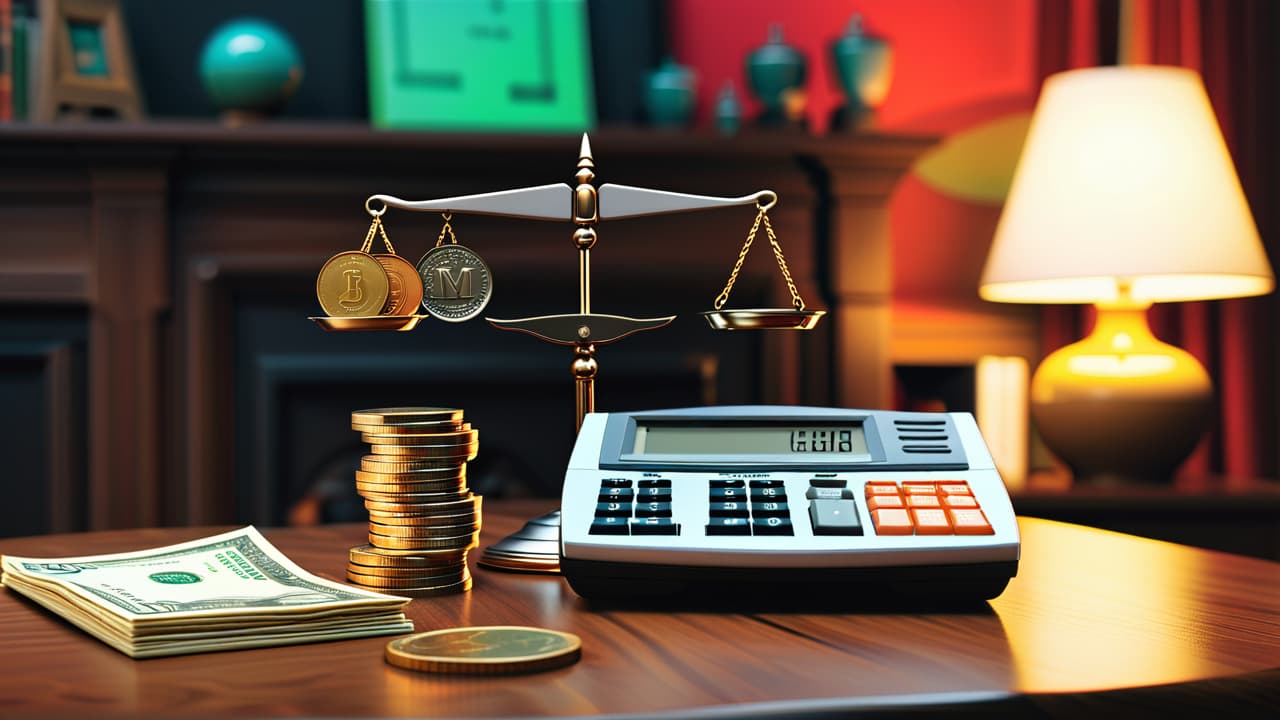  create an image of a balanced scale with coins on one side and a stack of bills on the other, surrounded by a calculator, a notepad with a budget plan, and a piggy bank. hyperrealistic, full body, detailed clothing, highly detailed, cinematic lighting, stunningly beautiful, intricate, sharp focus, f/1. 8, 85mm, (centered image composition), (professionally color graded), ((bright soft diffused light)), volumetric fog, trending on instagram, trending on tumblr, HDR 4K, 8K