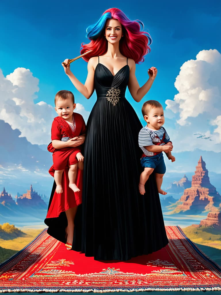  a 900 foot woman wearing a long black dress and has red and blue hair is holding her 4 babies on her flying carpet and brushing their hair