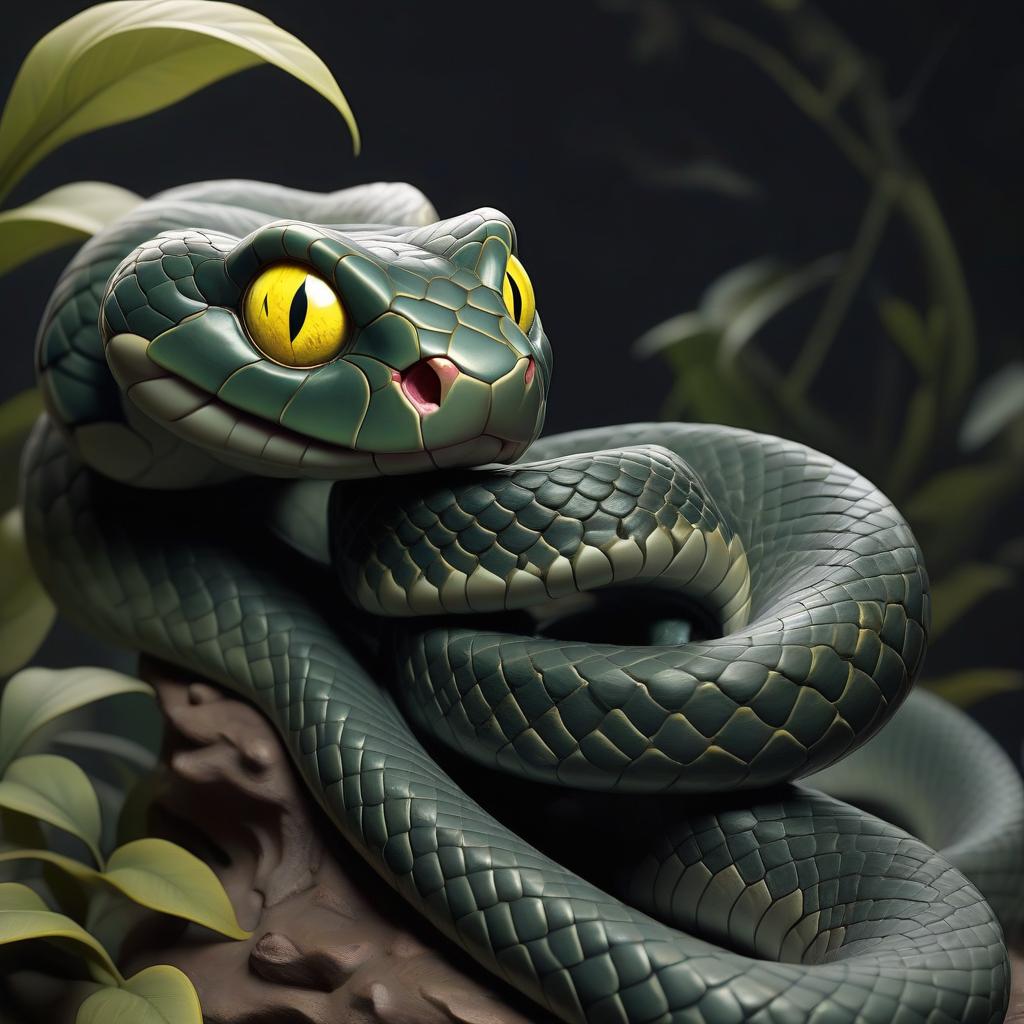  a dark green snake with detailed scaly skin and a piercing yellow eye sits like a full length statue so that it can be seen entirely