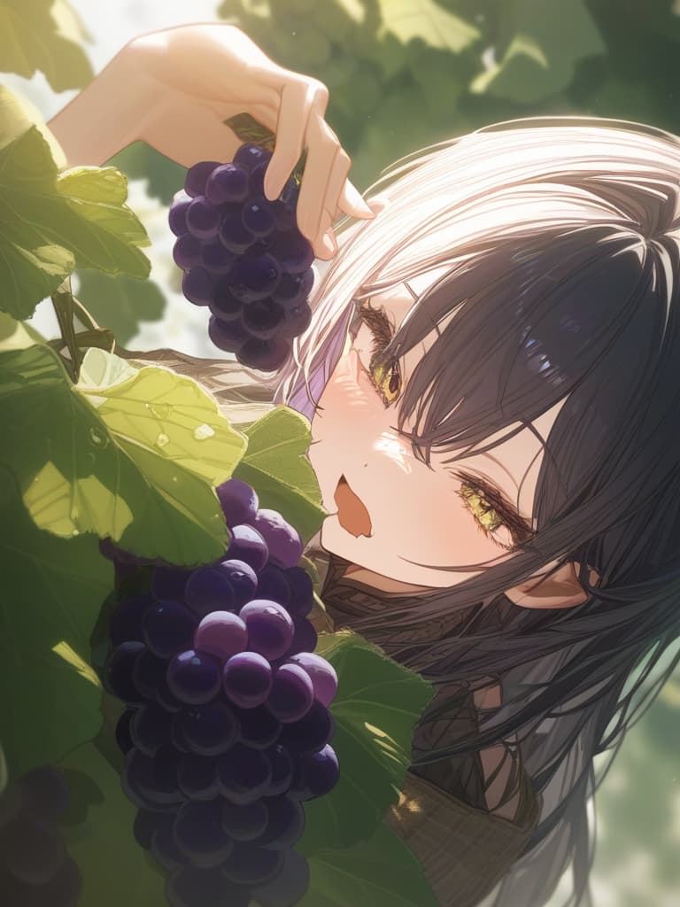  reaper that eats with grapes in your hand, open your mouth and eat grapes, masterpiece, best quality,8k,ultra detailed,high resolution,an extremely delicate and beautiful,hyper detail