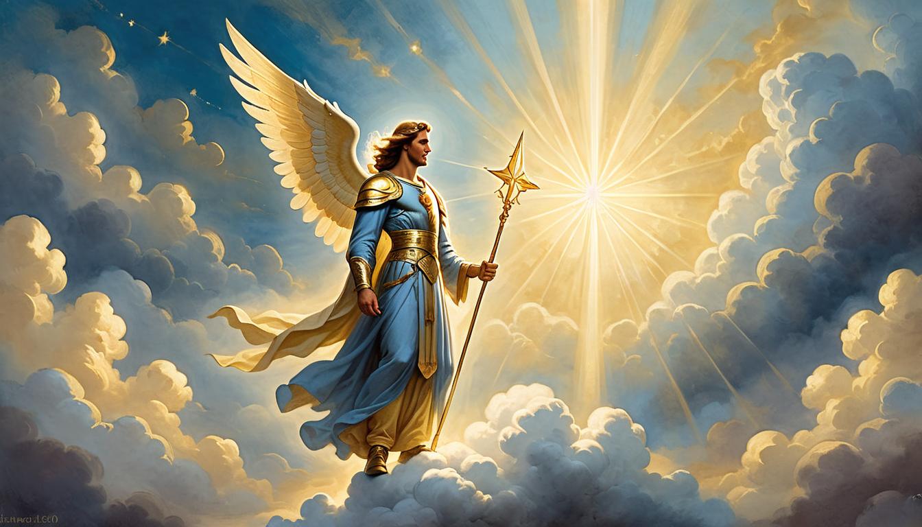  on parchment, surrealism+++, golden beams of light radiating, angelic figure standing on a cloud, serene expression, ethereal glow, twilight skyscape, divine protection(mysterious, provocative, symbolic,muted color)+++