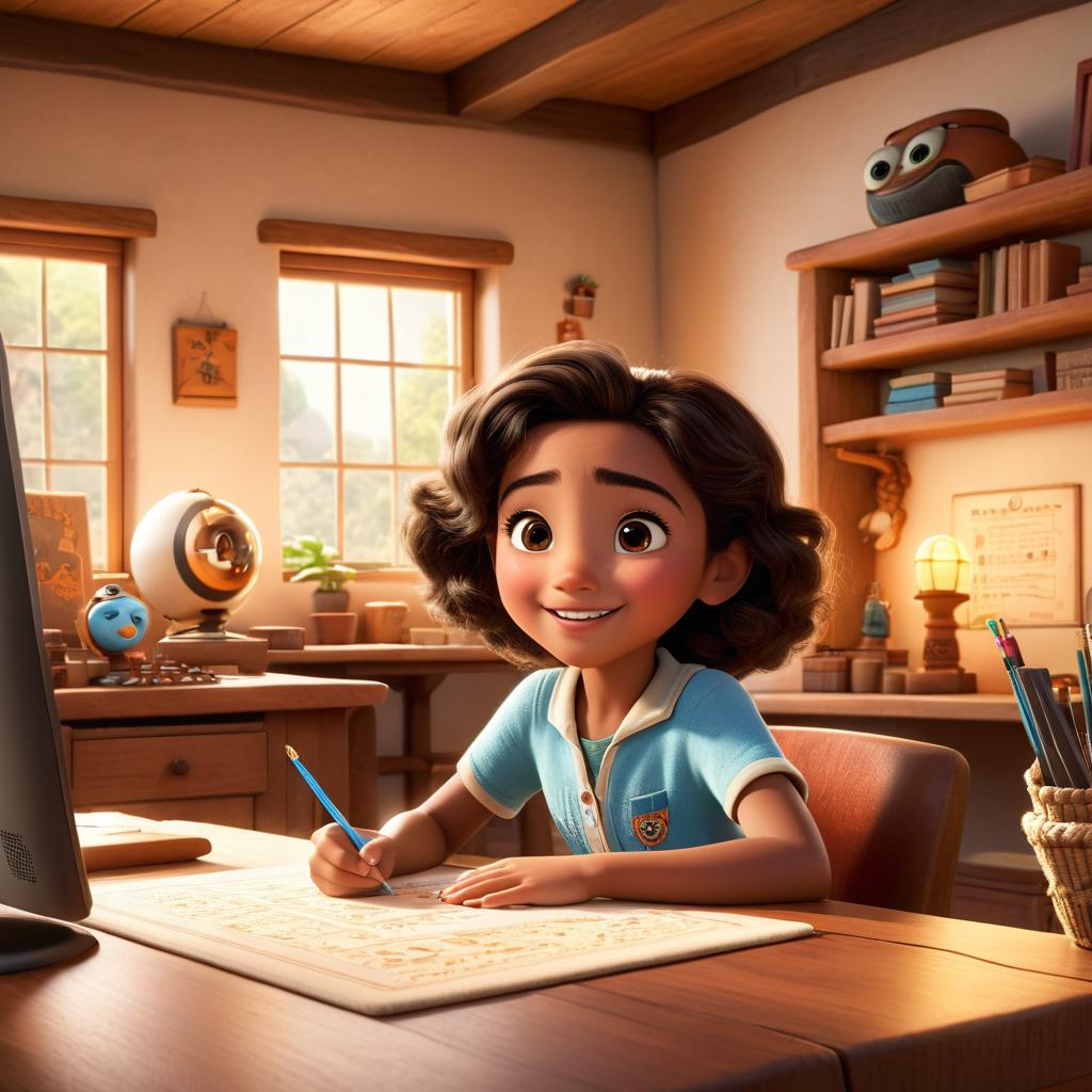  in 3d animated movie style. disney pixar style. masooma, 7, a bright expression eager to learn, gitra, ancient, proud. cozy tech study room with coding related items. high res pixar 3d style. cozy browns, warm whites, soft bright light. low angle shot of masooma and gitra at a table in interactive coding setting.