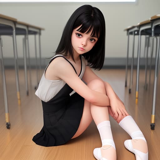  girl, shoulder black hair, in school dress and ballet, sitting on the floor in a half turn, 4k