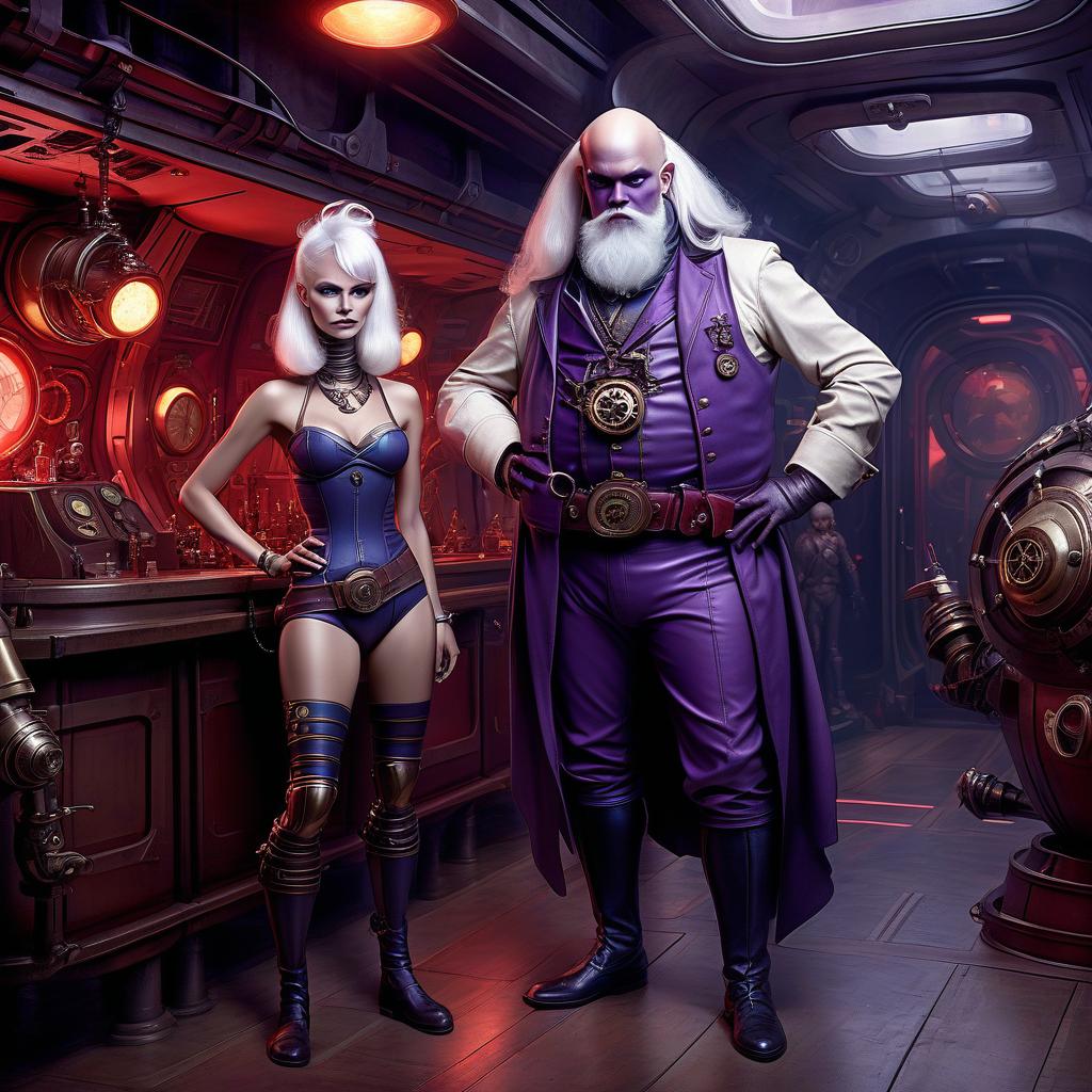  nautical themed a group of space pirates, a young alien, 20 year, purple skin, large size elastic , elegant thin waist, long slender legs, white hair. man, 40 year, small, fat, bald, black. next to the droid and minotaur. full length image, steampunk, dieselpunk, paropunk, standing in a space tavern, against a background of red light. . sea, ocean, ships, maritime, beach, marine life, highly detailed