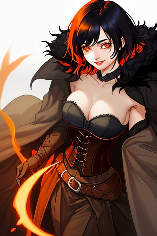  (dark shot:1.1), epic realistic, a beautiful, grown up woman, smiling cheekily. bright orange pupils. short black hair. corset. big chest dark background. on his shoulders is a fur collared cape. older., faded, (neutral colors:1.2), (hdr:1.4), (muted colors:1.2), hyperdetailed, (artstation:1.4), cinematic, warm lights, dramatic light, (intricate details:1.1), complex background, (rutkowski:0.66), (teal and orange:0.4)