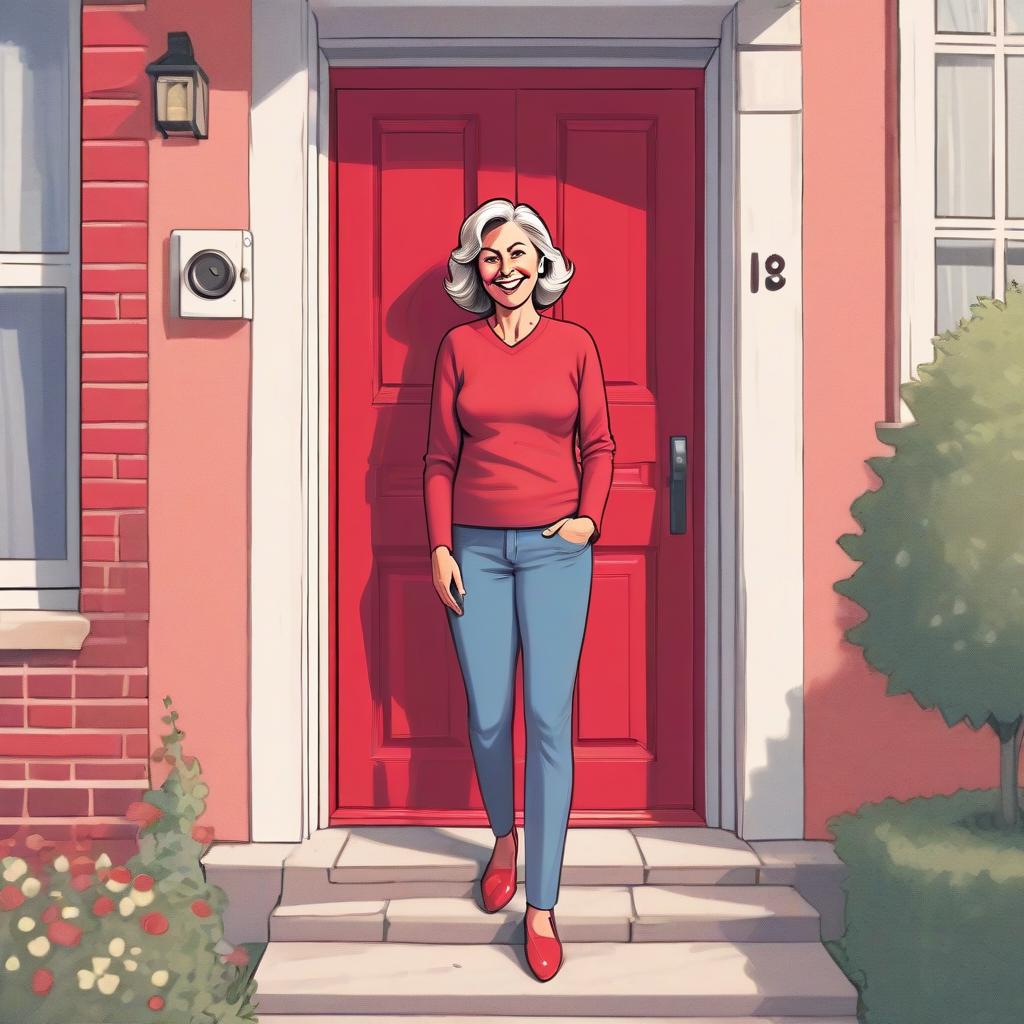  middle aged woman on the doorstep of the house, smiling, distant picture, red door style color comic