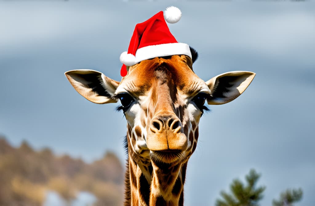  professional detailed photography, portrait of giraffe with santa hat ar 3:2, (muted colors, dim colors, soothing tones), (vsco:0.3)