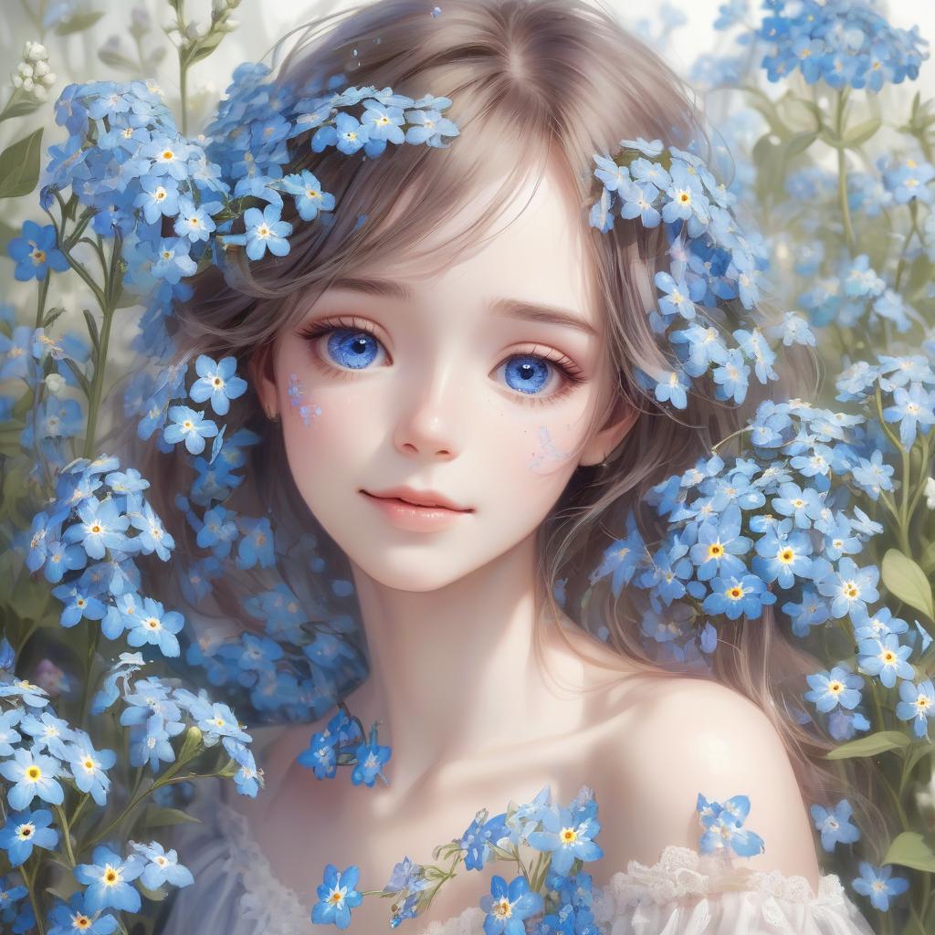  forget me nots, beautiful girl, joy, gentle, beautiful, transparent, colorful, detailing