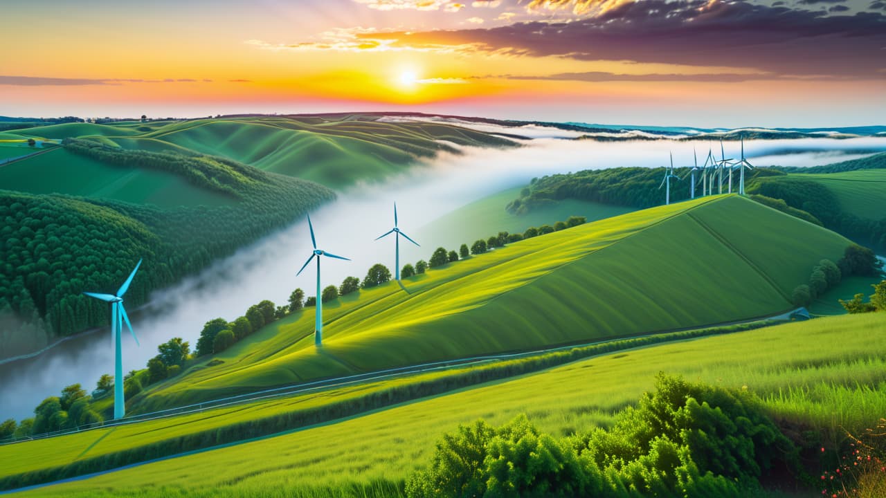  a vibrant landscape showcasing wind turbines on rolling hills, solar panels glistening under the sun, and a flowing river with a hydroelectric dam, all surrounded by lush greenery and a clear blue sky. hyperrealistic, full body, detailed clothing, highly detailed, cinematic lighting, stunningly beautiful, intricate, sharp focus, f/1. 8, 85mm, (centered image composition), (professionally color graded), ((bright soft diffused light)), volumetric fog, trending on instagram, trending on tumblr, HDR 4K, 8K