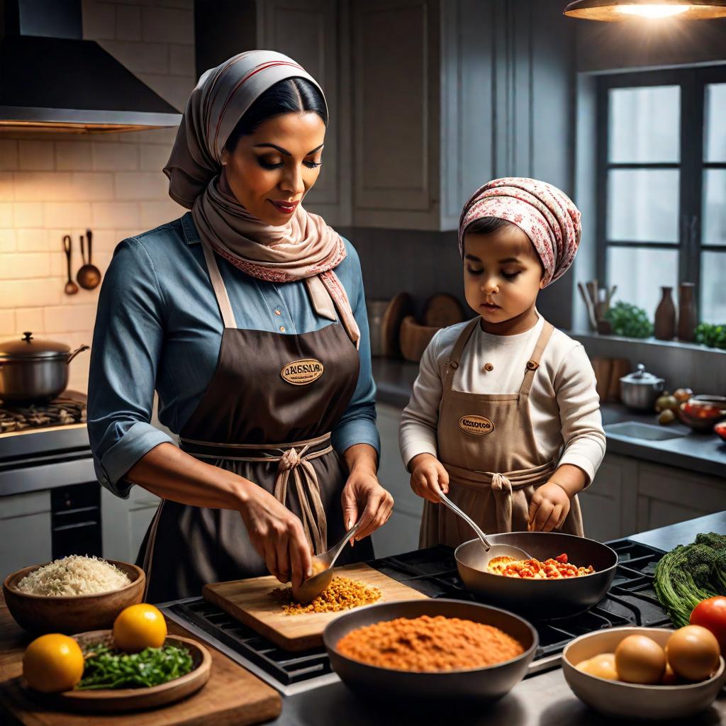  a woman in a headscarf is cooking in the kitchen with her child. hyperrealistic, full body, detailed clothing, highly detailed, cinematic lighting, stunningly beautiful, intricate, sharp focus, f/1. 8, 85mm, (centered image composition), (professionally color graded), ((bright soft diffused light)), volumetric fog, trending on instagram, trending on tumblr, HDR 4K, 8K