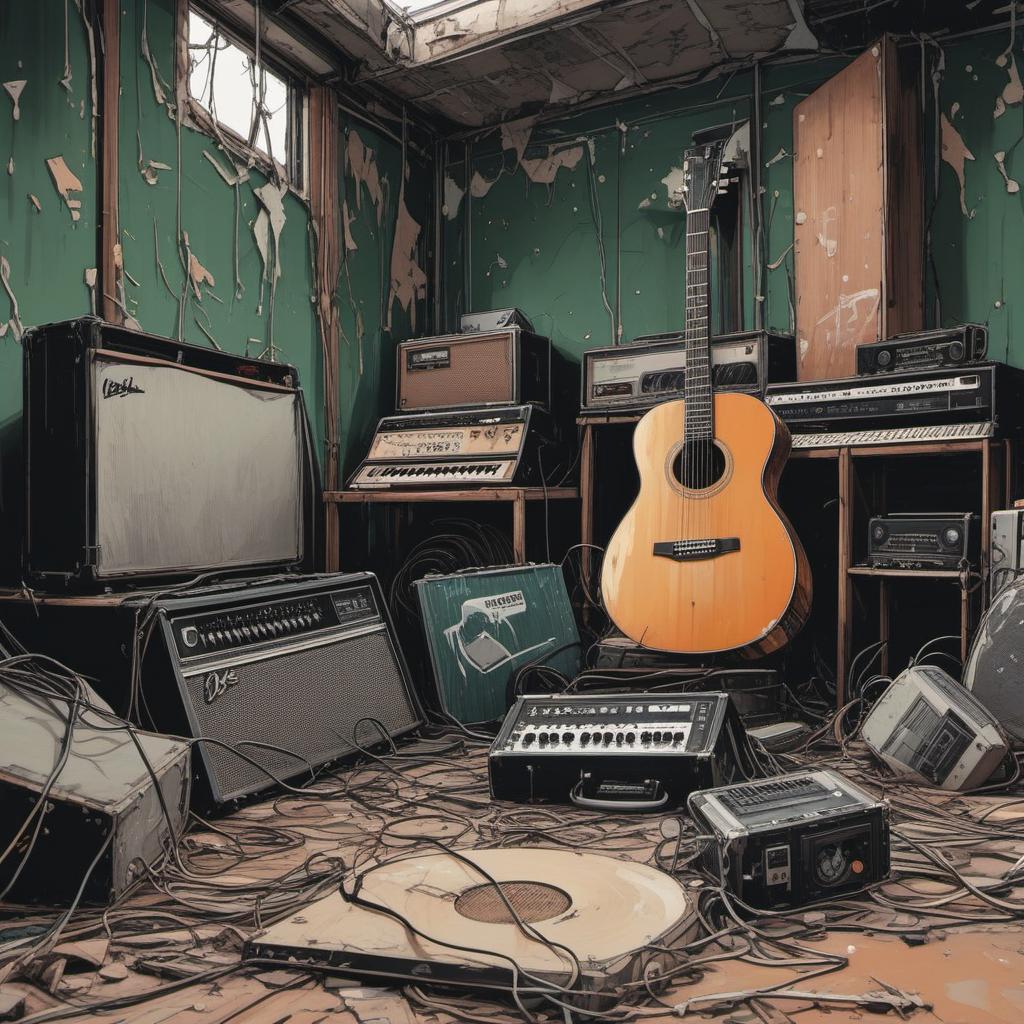  une chambre abandonnée en ruine avec une guitare électrique et un amplificateur de guitare vert , comic style, manga and manhwa style, painting style