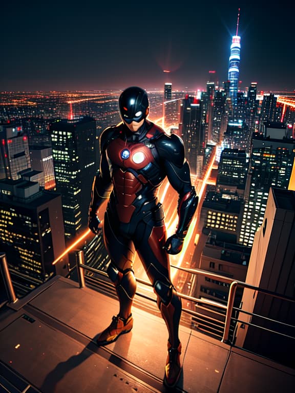  master piece, best quality, ultra detailed, highres, 4k.8k, japanese superhero in hero suit., standing confidently, ready for action., determined, break a hero's portrayal., urban rooftop, city skyline, searchlights, japanese flag, cityscape., break nighttime, dynamic lighting, dramatic shadows, heroic aura., magic particles